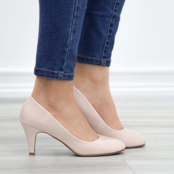 Nude Paten Round Toe Kitten Low Heel Pumps - Picture 2 of 11